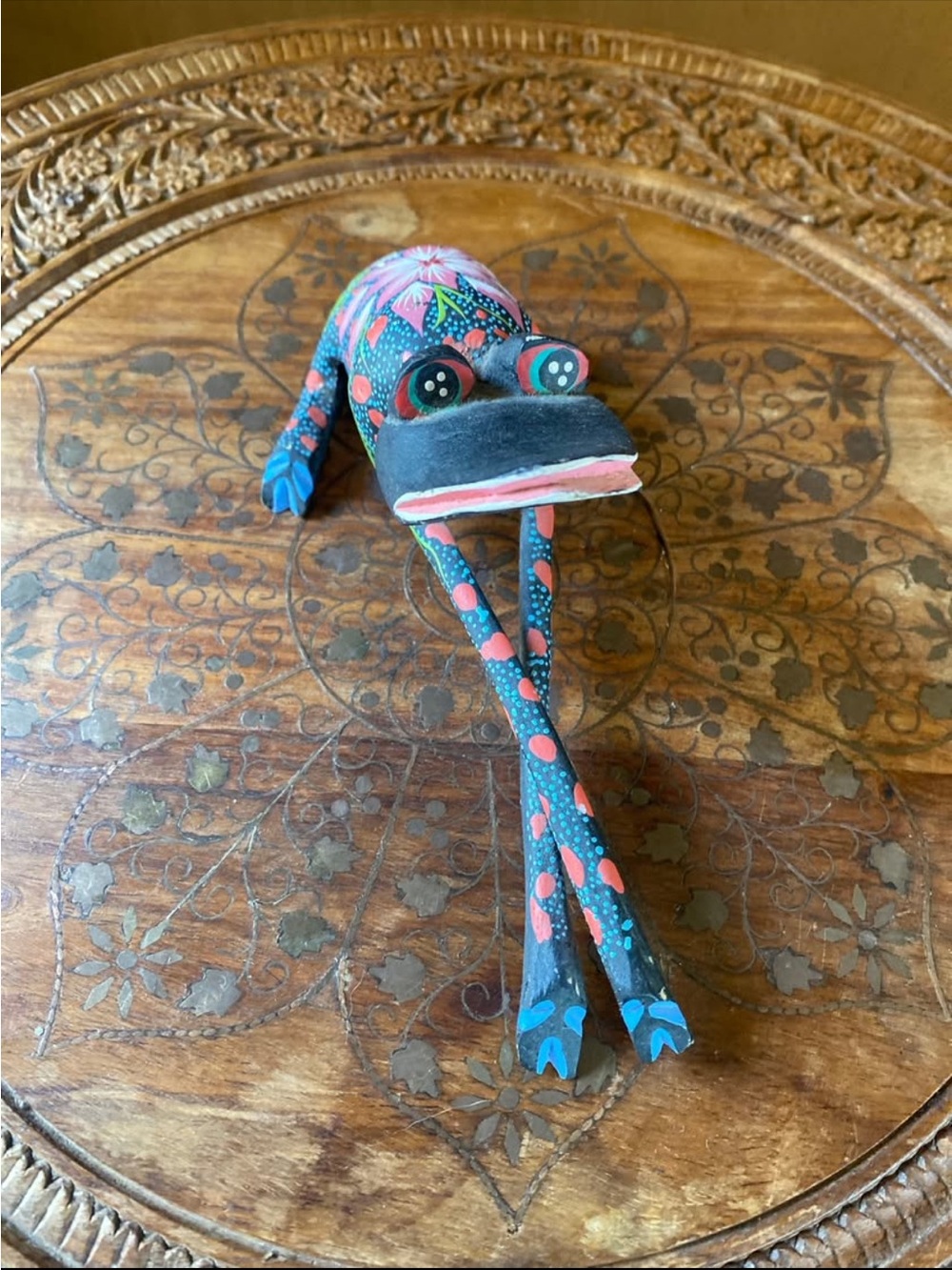 Hand-Painted Folk Art Frog Figurine — Black with Blue & Coral Accents
